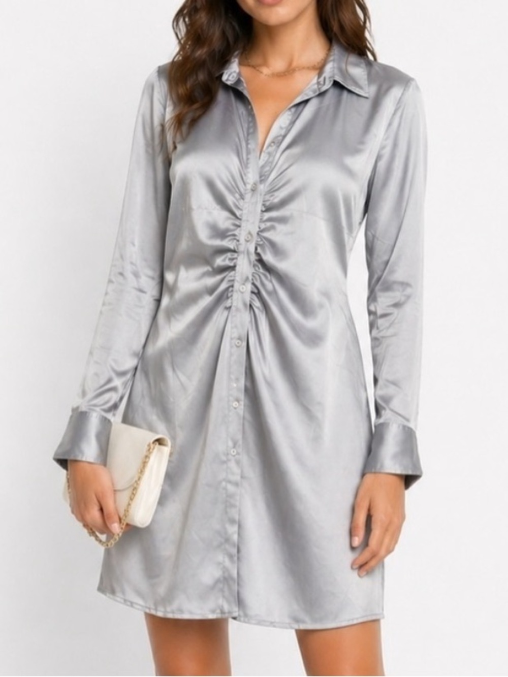 NWT Gap Silver Satin Ruched Button Front Mini Shirt Dress S